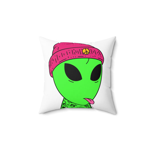 Pink Tongue Peace Hat Alien Tattoos UFO Space Extraterrestrial Visitor Spun Polyester Square Pillow