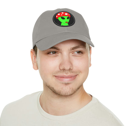 Mushroom Head Green Alien Visitor w/ Red Lips Dad Hat with Leather Patch (Round)