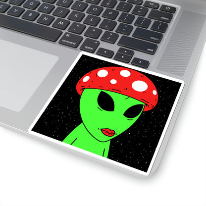 Mushroom Head Green Alien Visitor w/ Red Lips Kiss-Cut Stickers