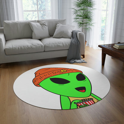 Green Alien Visitor Orange Peace Hat Popcorn Hand Yellow Sleeveless Round Rug - Visitor751