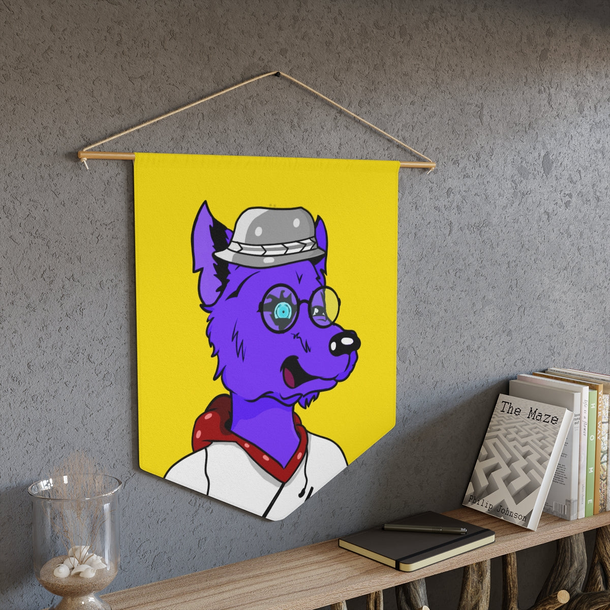 Cyborg Wolf Round Frame Glasses Fedora Hat White Sweatshirt Hoodie Purple Fur Pennant