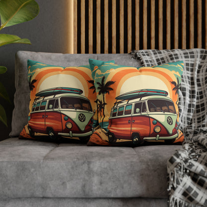 Retro Beach Camper Van - Sunset Surfboard Scene Spun Polyester Square Pillow Case