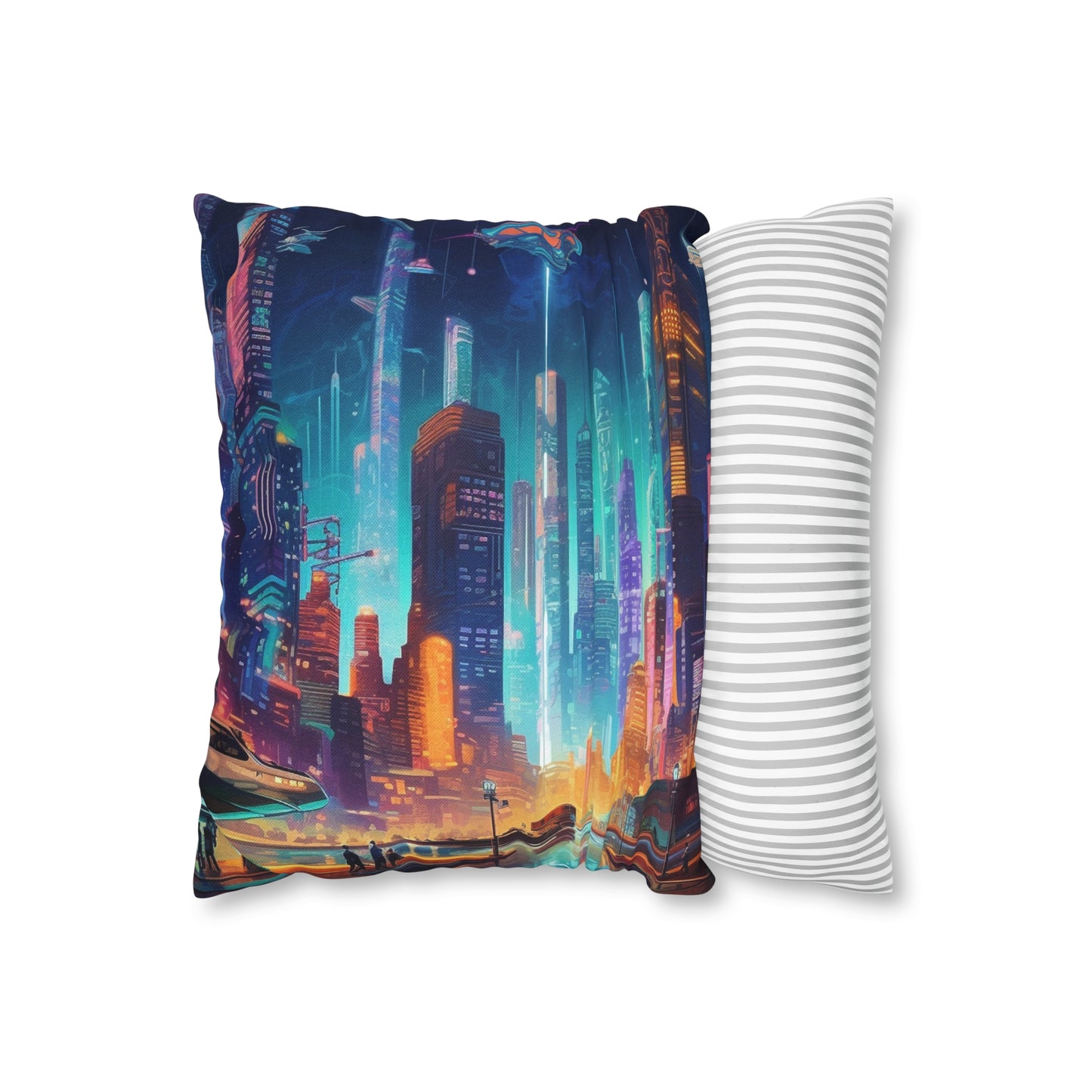 Futuristic Neon Cyberpunk Cityscape Art Design Spun Polyester Square Pillow Case