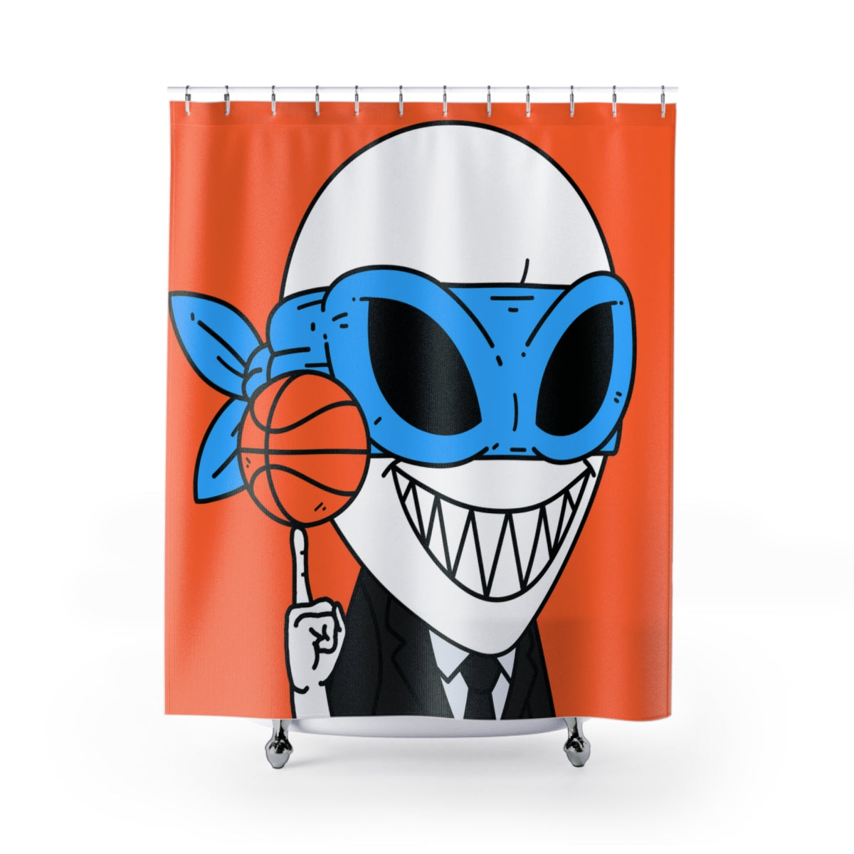 Alien BBall Sport Ninja Mask Big Smile Teeth Game Player Orange Basketball Shower Curtains