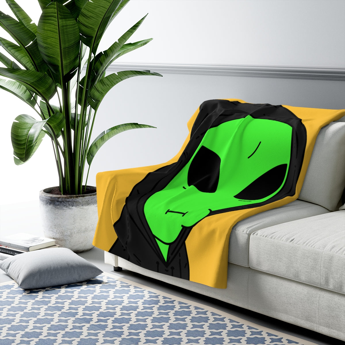 Verde alienígena negro sudadera con capucha personaje de dibujos animados visitante manta polar sherpa