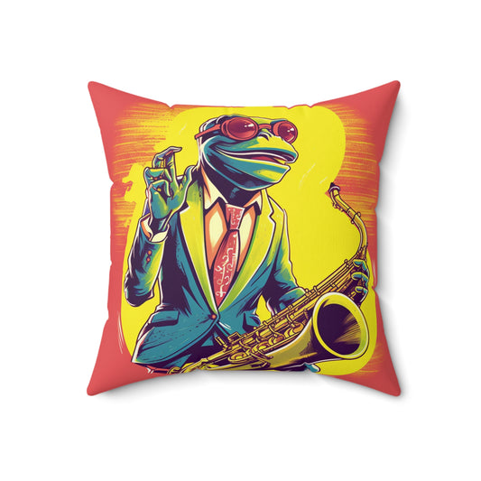 Frog Playing Saxophone Instrument Music Graphic Spun Polyester Square Pillow