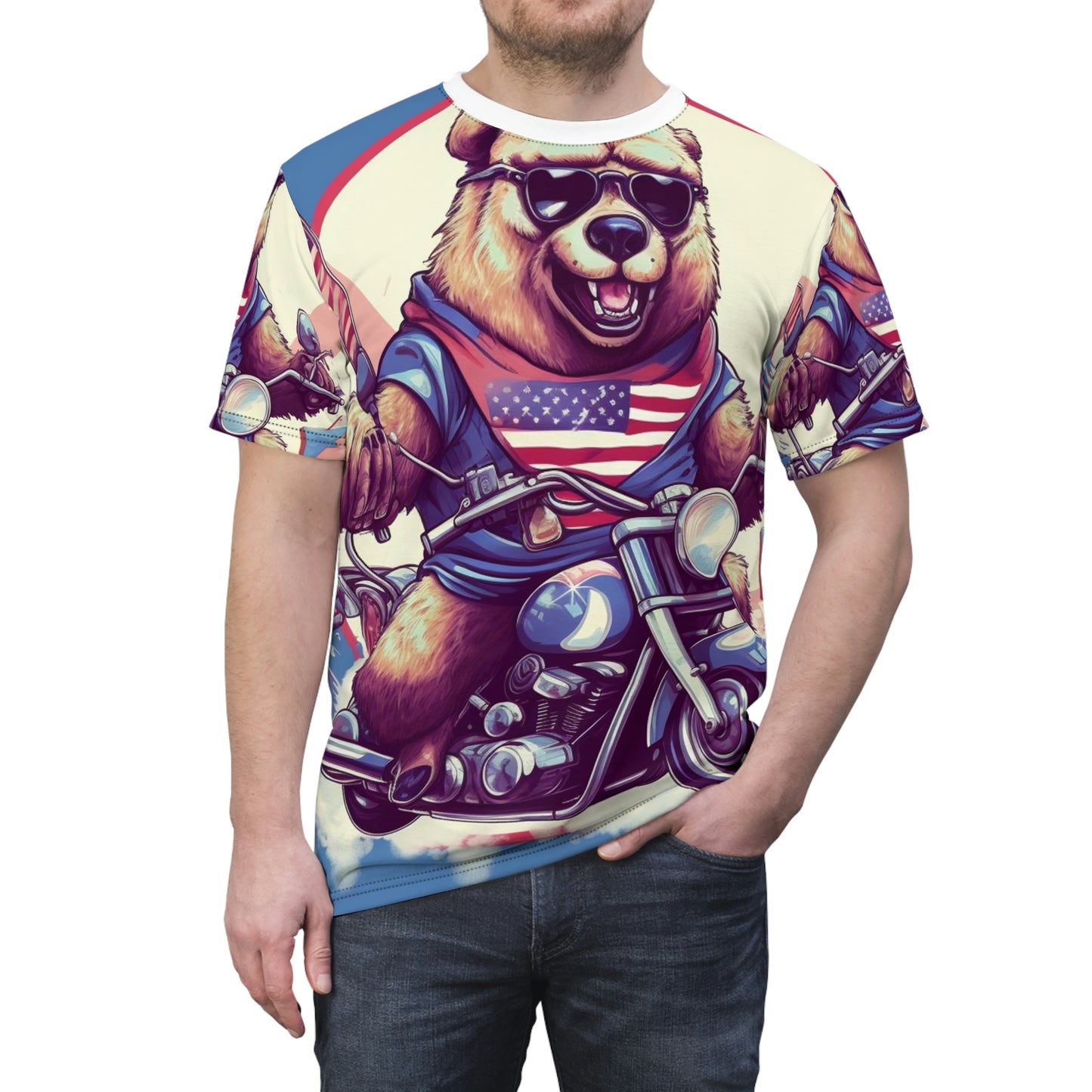 Roaring American Pride: Patriotic Bear 4th of July Motorcycle Adventure Unisex Cut & Sew Tee (AOP)