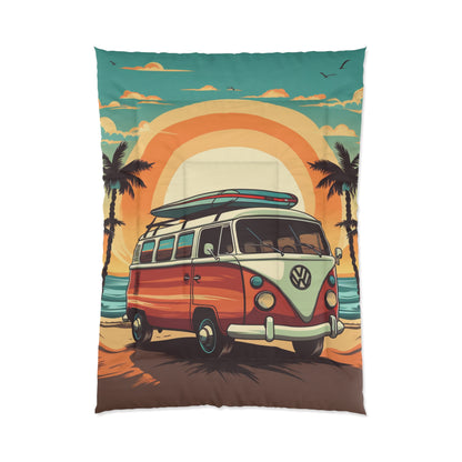 Retro Beach Camper Van - Sunset Surfboard Scene Comforter