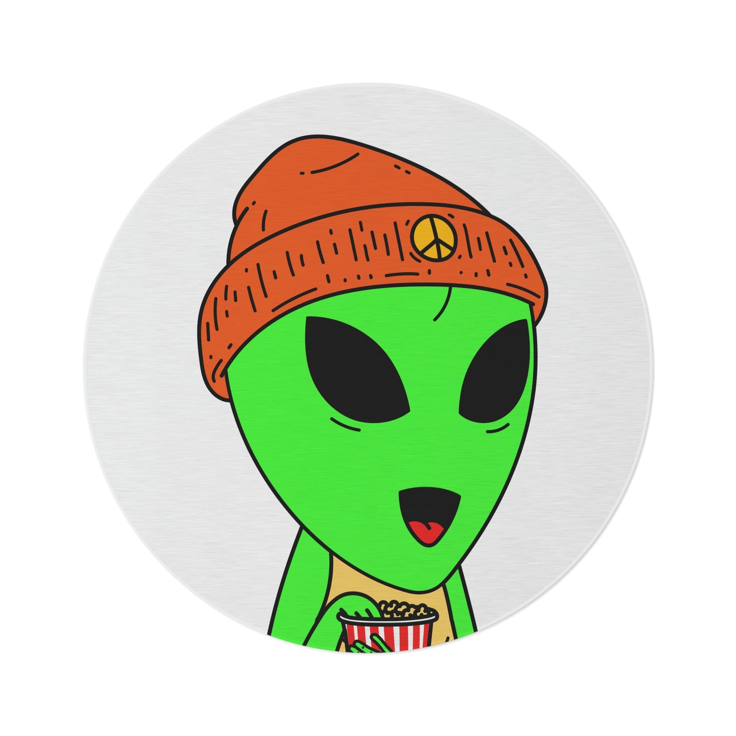 Green Alien Visitor Orange Peace Hat Popcorn Hand Yellow Sleeveless Round Rug - Visitor751