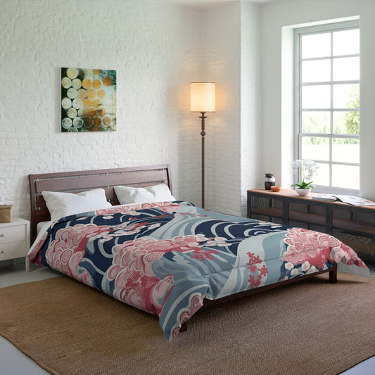 Japanese Minimalist Waves & Cherry Blossoms Pattern Comforter