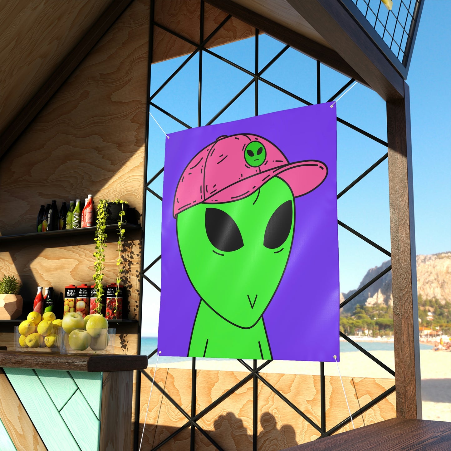 Green Alien V Face Pink Visi hat Visitor Matte Banner