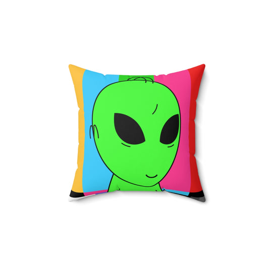 Green Alien Smile Hair Visitor Character Cartoon Comic Spun Polyester Square Pillow