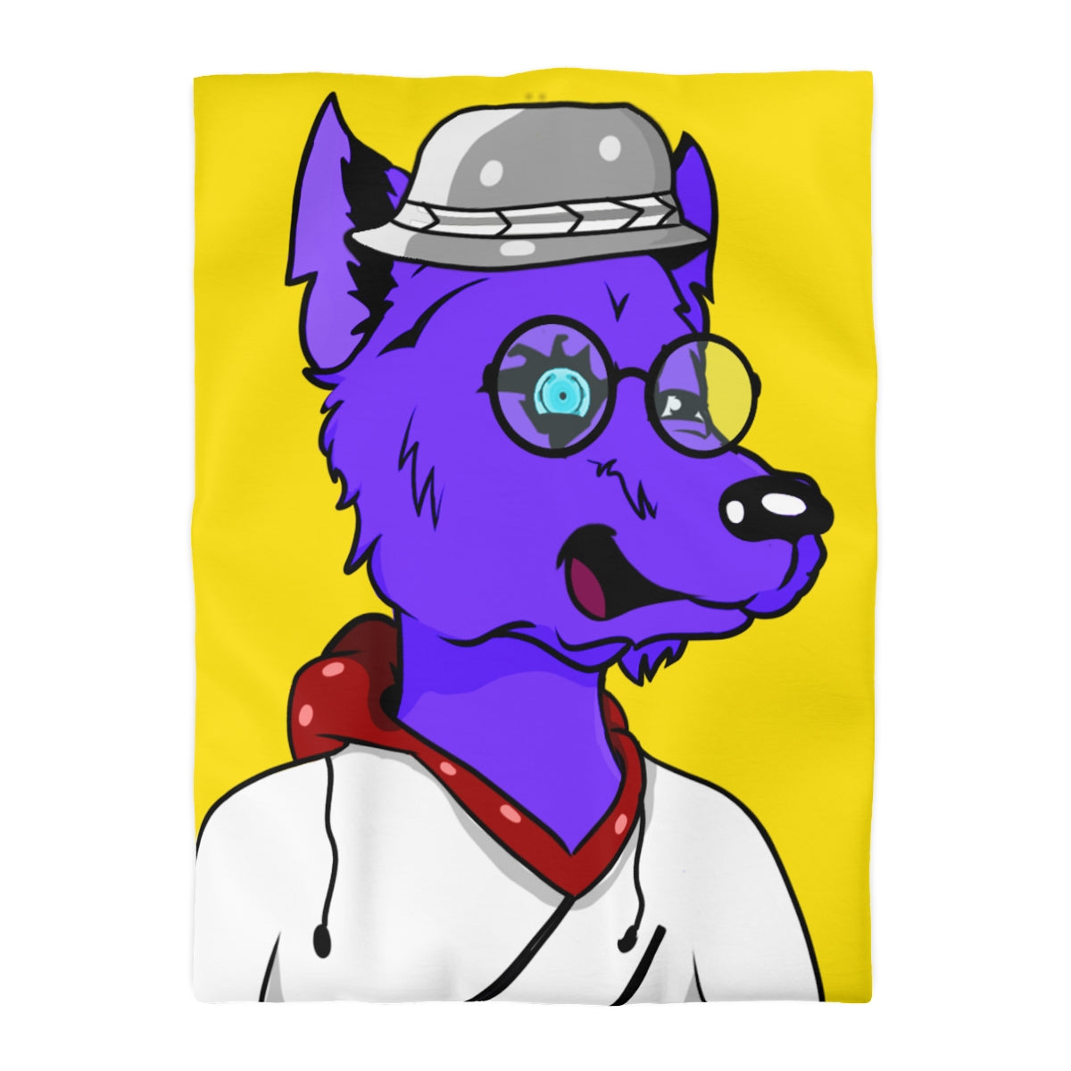 Cyborg Wolf Round Frame Glasses Fedora Hat White Sweatshirt Hoodie Purple Fur Microfiber Duvet Cover