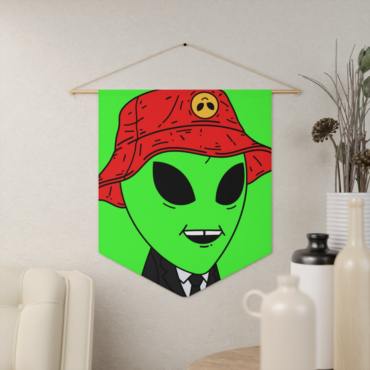 Extra Green Alien Black Suit Business Visitor Red Visi Hat Chipped Tooth Smile Pennant