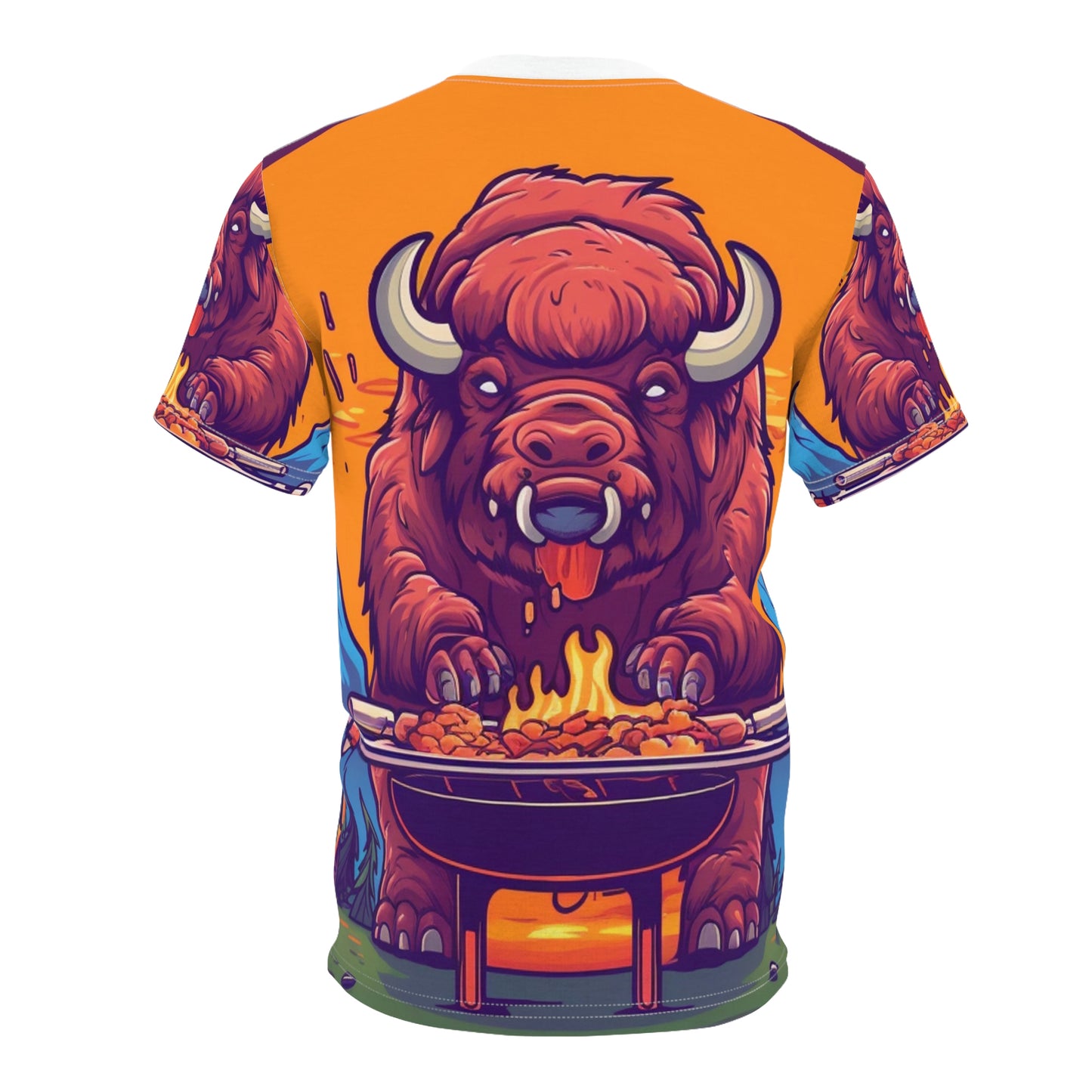 American Bison Grill Cook Food Buffalo Graphic Camiseta unisex cortada y cosida (AOP)