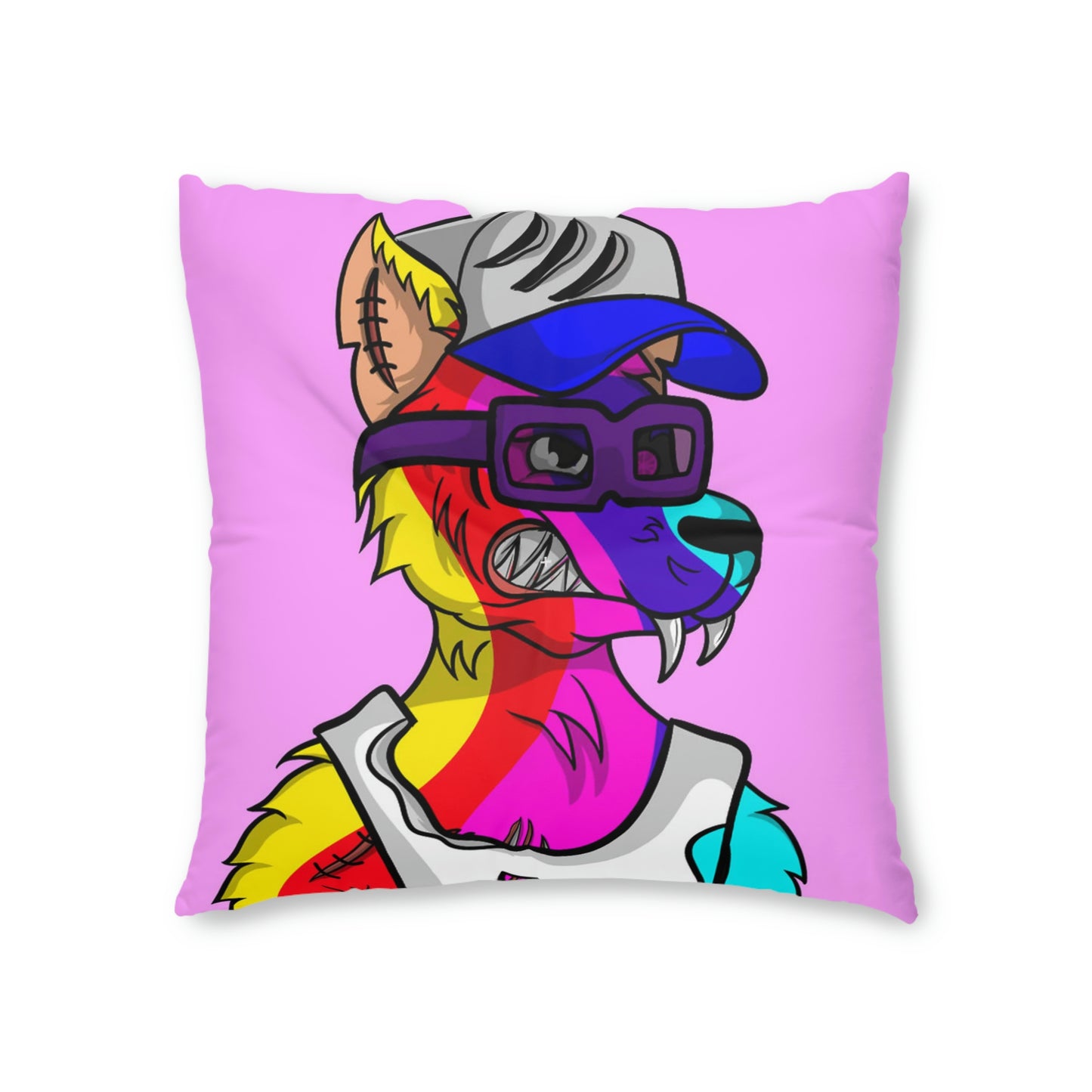 Rainbow Wolf Fur Cyborg Wolve Tufted Floor Pillow, Square