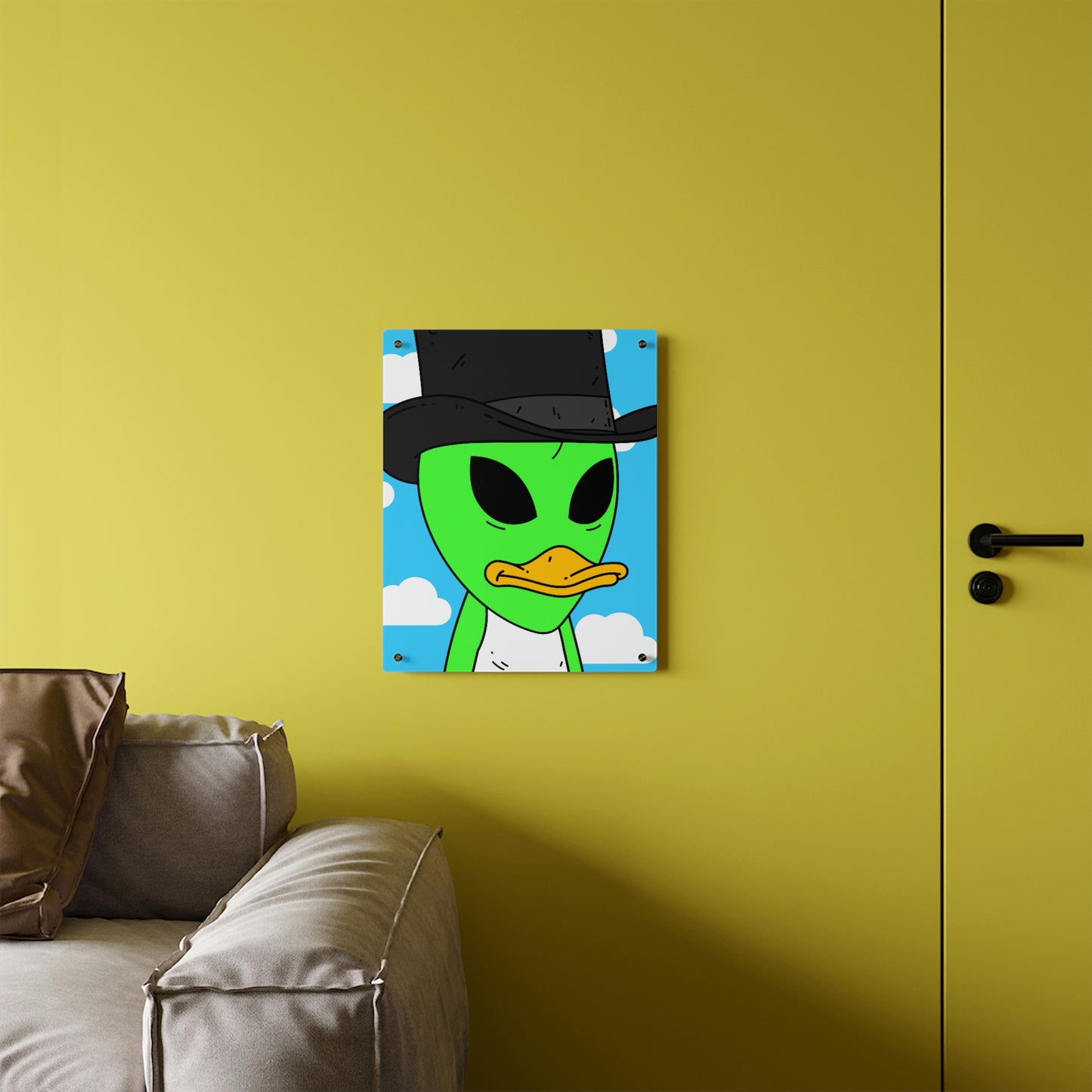 Visitors Green Alien Duck Black Top Hat Acrylic Wall Art Panels