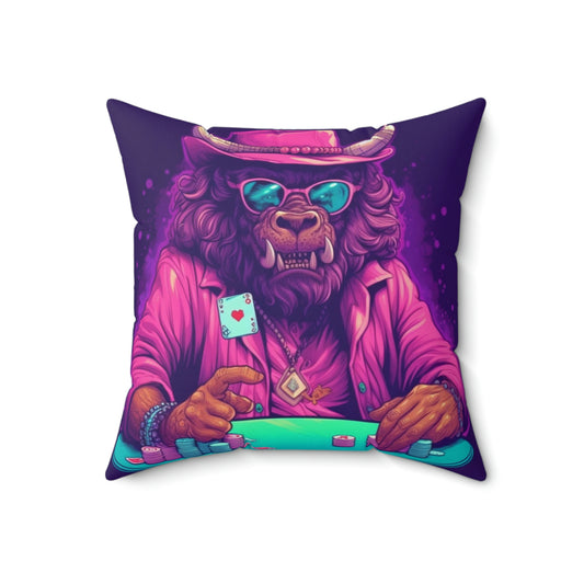 American Bison Poker Card Champion Graphic Spun Polyester Square Pillow