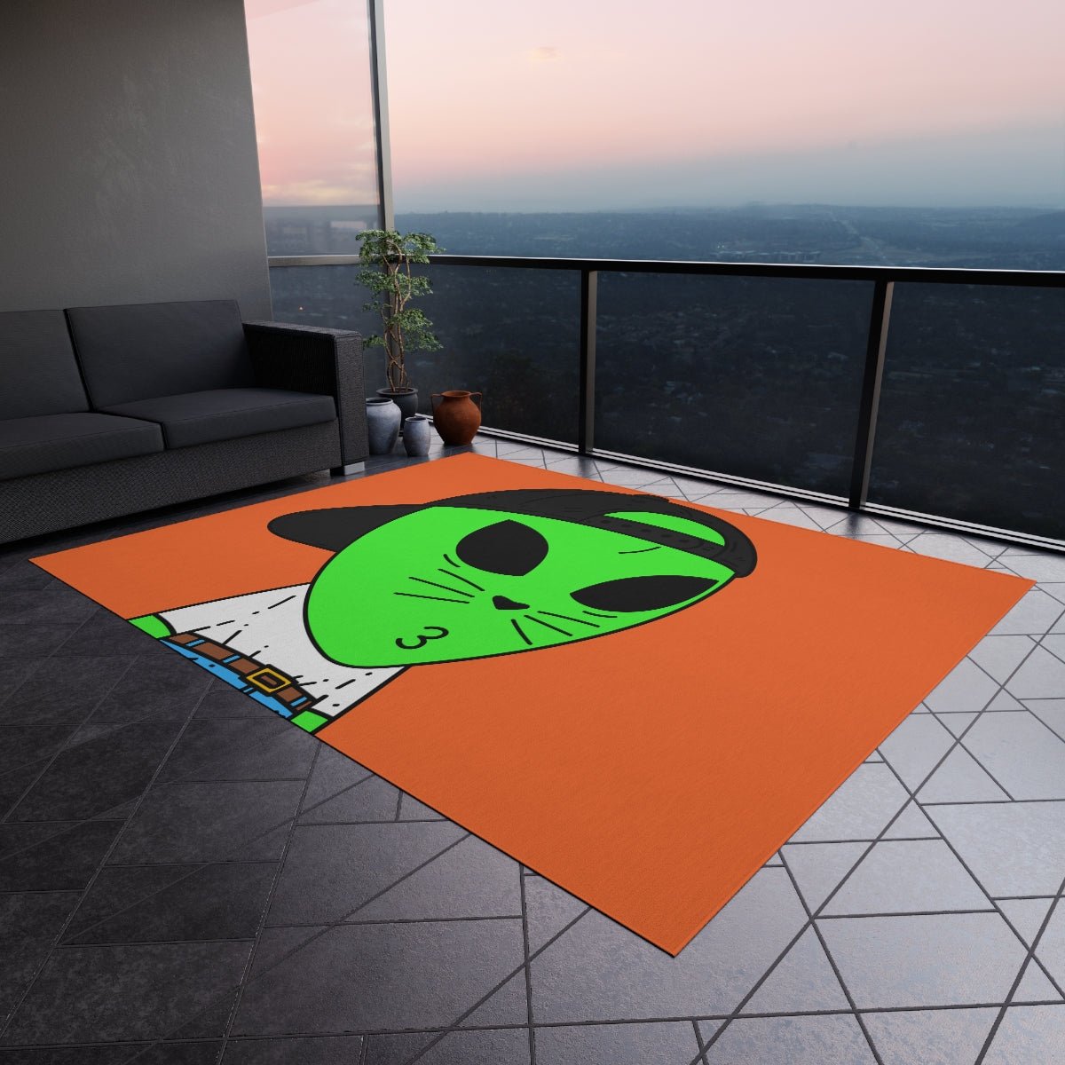 Cat Whiskers Visitor Green Alien Heart Nose Black Cap Outdoor Rug