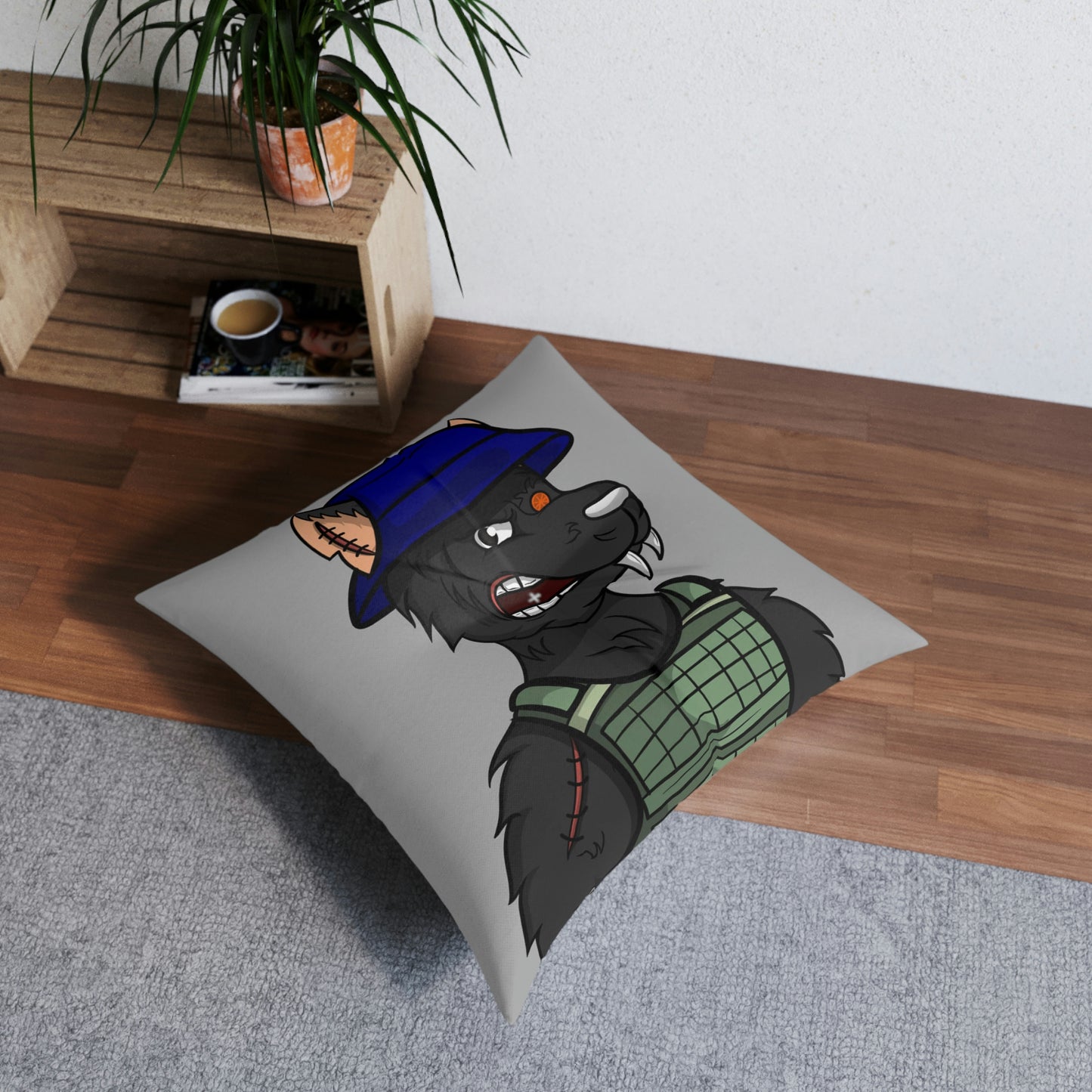 Army Black Wolf Cyborg Werewolve Tufted Floor Pillow, Square