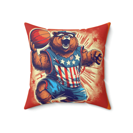 Slam Dunk for Independence:Patriotic Bear's 4th of July Basketball Game Spun Polyester Square Pillow