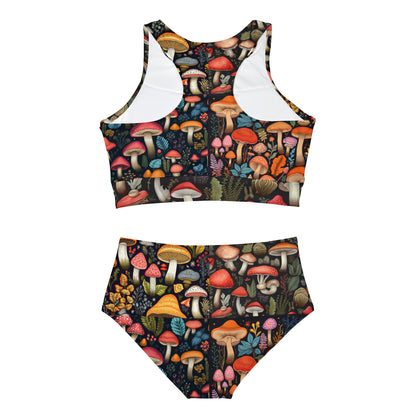 Fairy-Tale Fungi: Whimsical Assorted Mushroom Pattern Design Sporty Bikini Set (AOP)