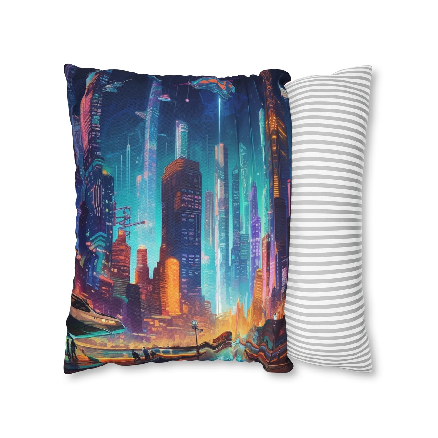 Futuristic Neon Cyberpunk Cityscape Art Design Spun Polyester Square Pillow Case