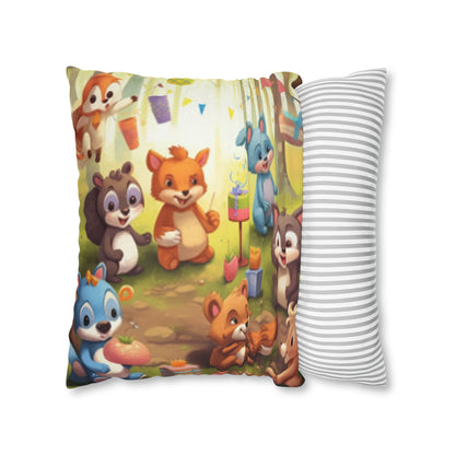 Nursery Art - Cartoon Forest Animals Party Design Spun Polyester Square Pillow Case