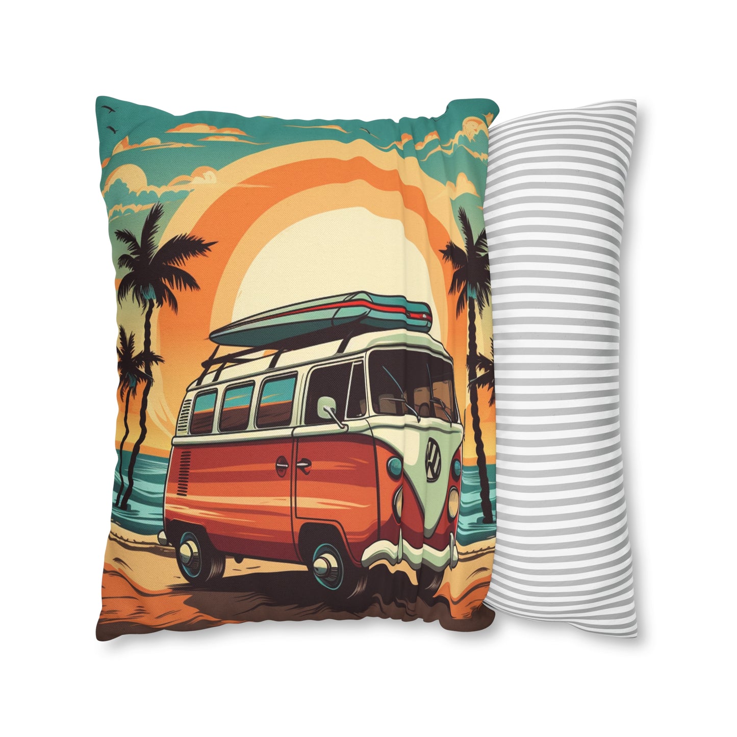 Retro Beach Camper Van - Sunset Surfboard Scene Spun Polyester Square Pillow Case