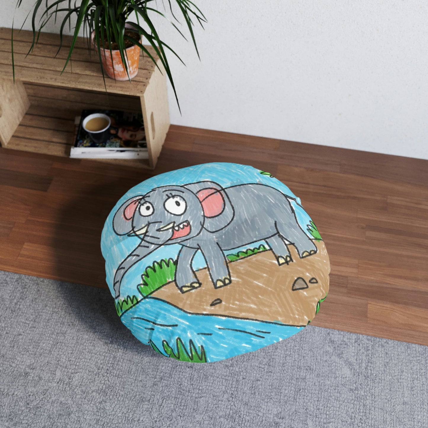 Elefante Elephant King Safari Animal Tufted Floor Pillow, Round