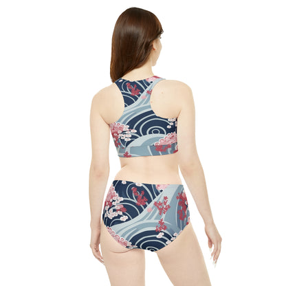 Japanese Minimalist Waves & Cherry Blossoms Pattern Sporty Bikini Set (AOP)