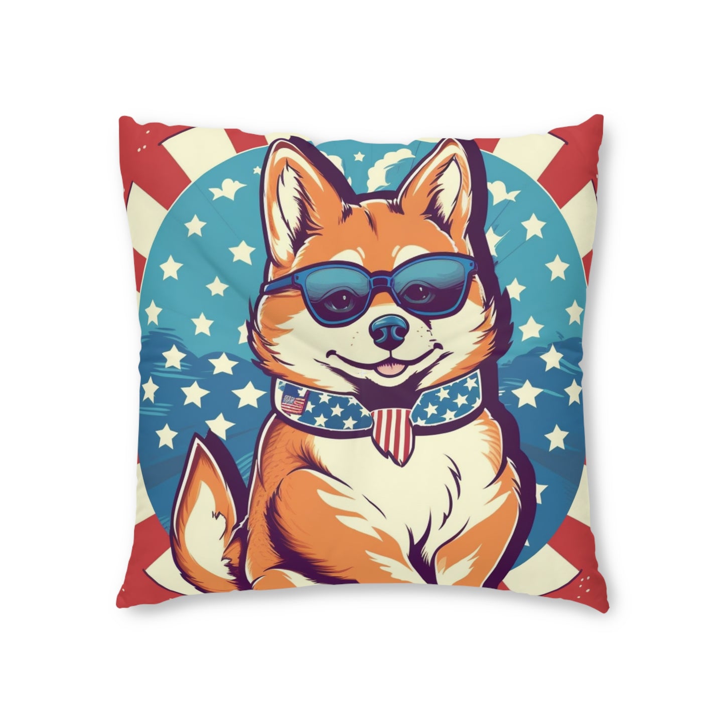 Patriotic Shiba Inu Retro Cartoon -Synthwave Summer Animation Tufted Floor Pillow, Square