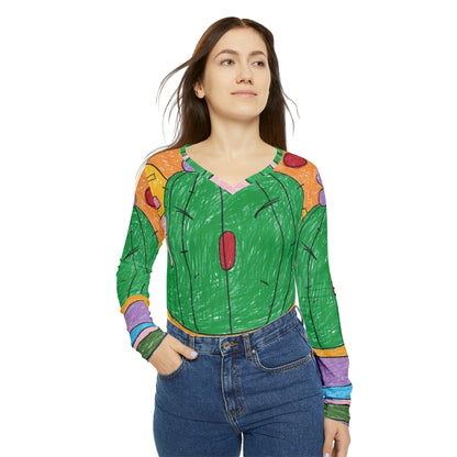 Desert Cactus Sumo Wrestler Graphic Women's Long Sleeve V-neck Shirt