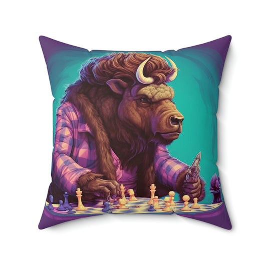 American Buffalo Bison Chess Player Graphic Spun Polyester Square Pillow