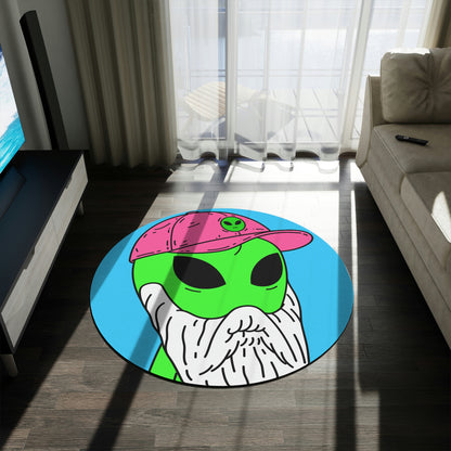 Bearded Green Visitor Pink Alien Hat Cartoon Comic Round Rug - Visitor751