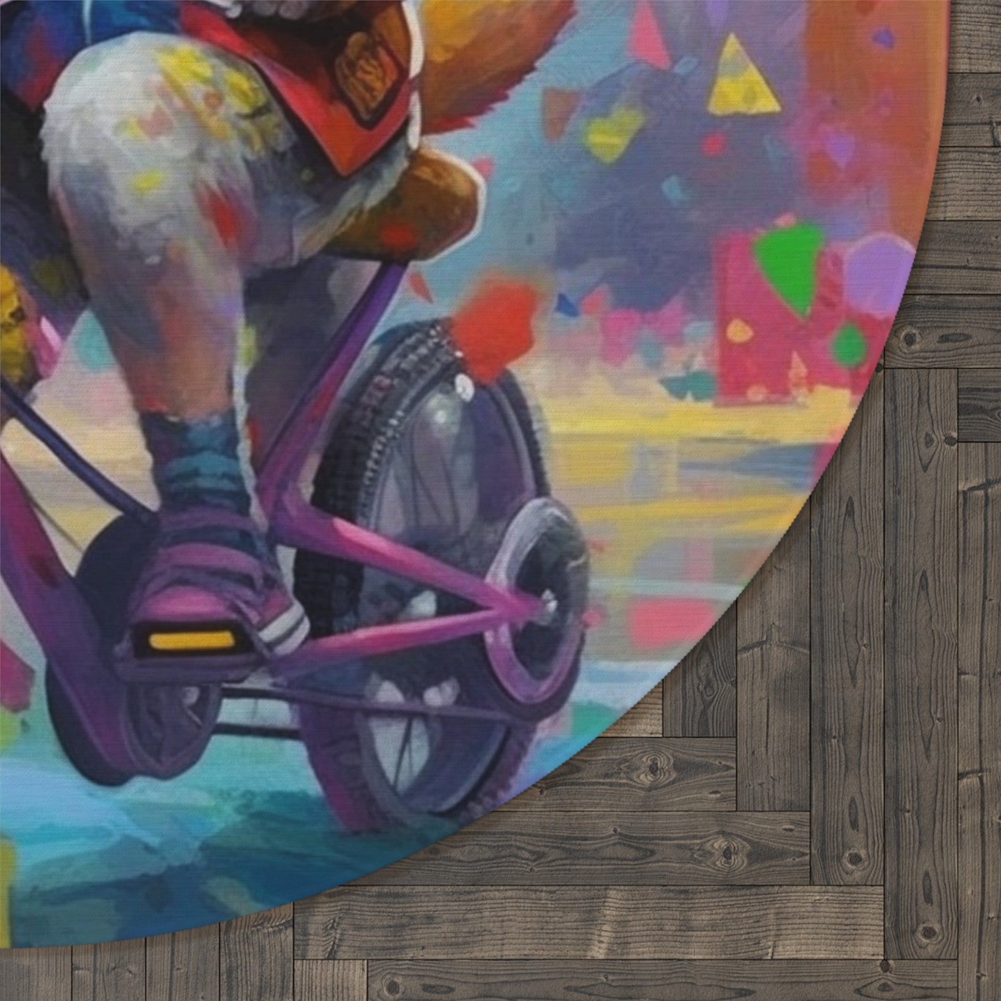 Shiba Inu on Bike Graffiti-Style Art: Colorful, Happy, Post-Apocalyptic Design Round Rug