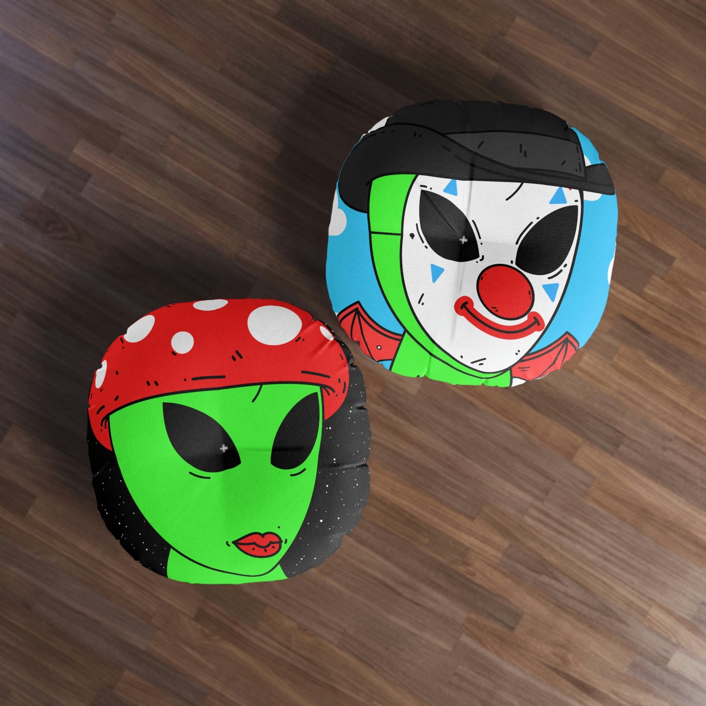 Multi Visitor (2) Green Alien w/ Devil Wings + Mushroom Head Tufted Floor Pillow, Round - Visitor751