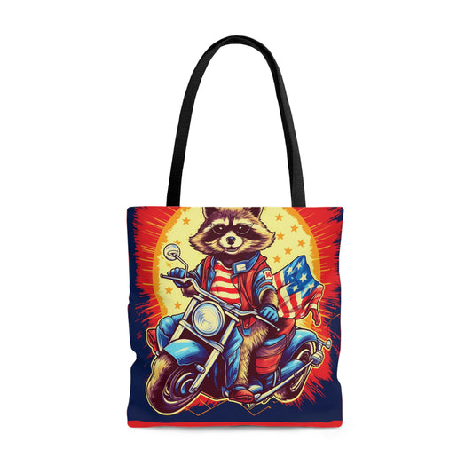 Red White and Blue American Raccoon Biker Motorcyclist Graphic Tote Bag (AOP)