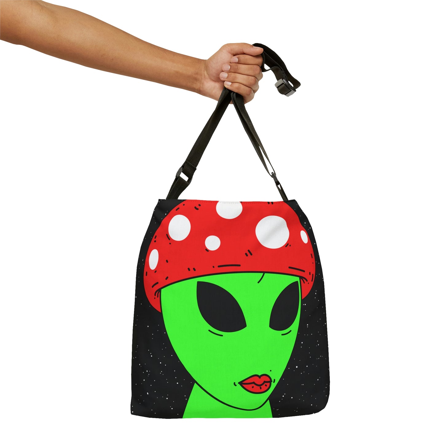 Mushroom Head Green Alien Visitor w/ Red Lips Adjustable Tote Bag (AOP)