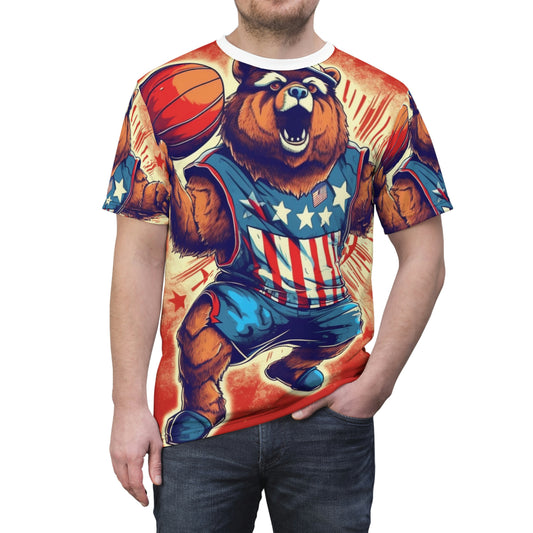 Slam Dunk for Independence:Patriotic Bear's 4th of July Basketball Game Unisex Cut & Sew Tee (AOP)