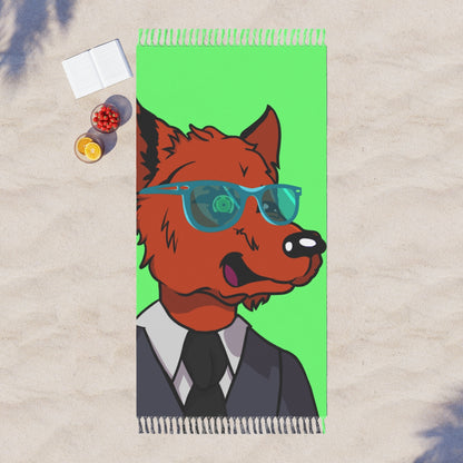 Cyborg Lobo Traje Gris Corbata Negra Gafas Azules Piel Naranja Boho Tela de Playa