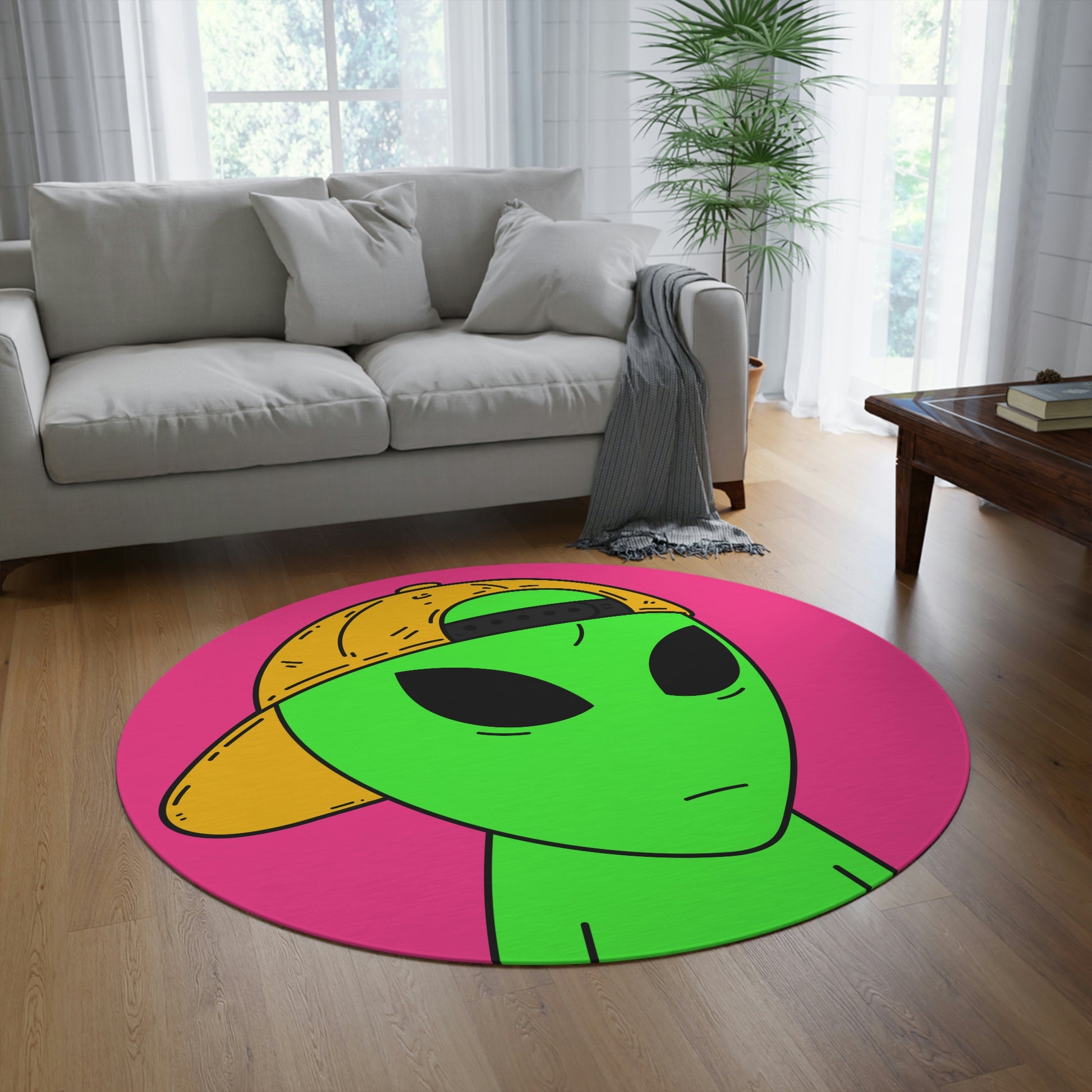 Green Alien Yellow Hat Visitor Round Rug - Visitor751