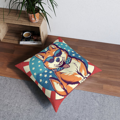 Patriotic Shiba Inu Retro Cartoon -Synthwave Summer Animation Tufted Floor Pillow, Square