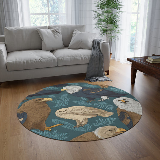 American Wildlife Symbols: Bald Eagles, Hawks, Birds Design Round Rug