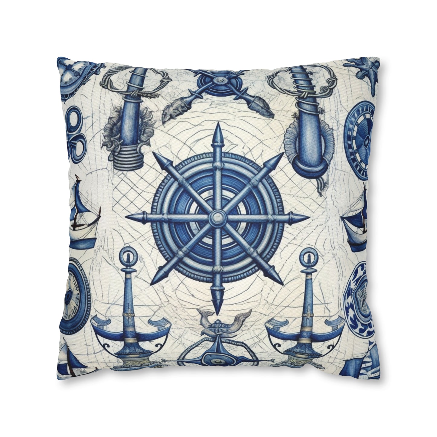 Nautical Theme Art - Anchors, Ropes, Compass Spun Polyester Square Pillow Case