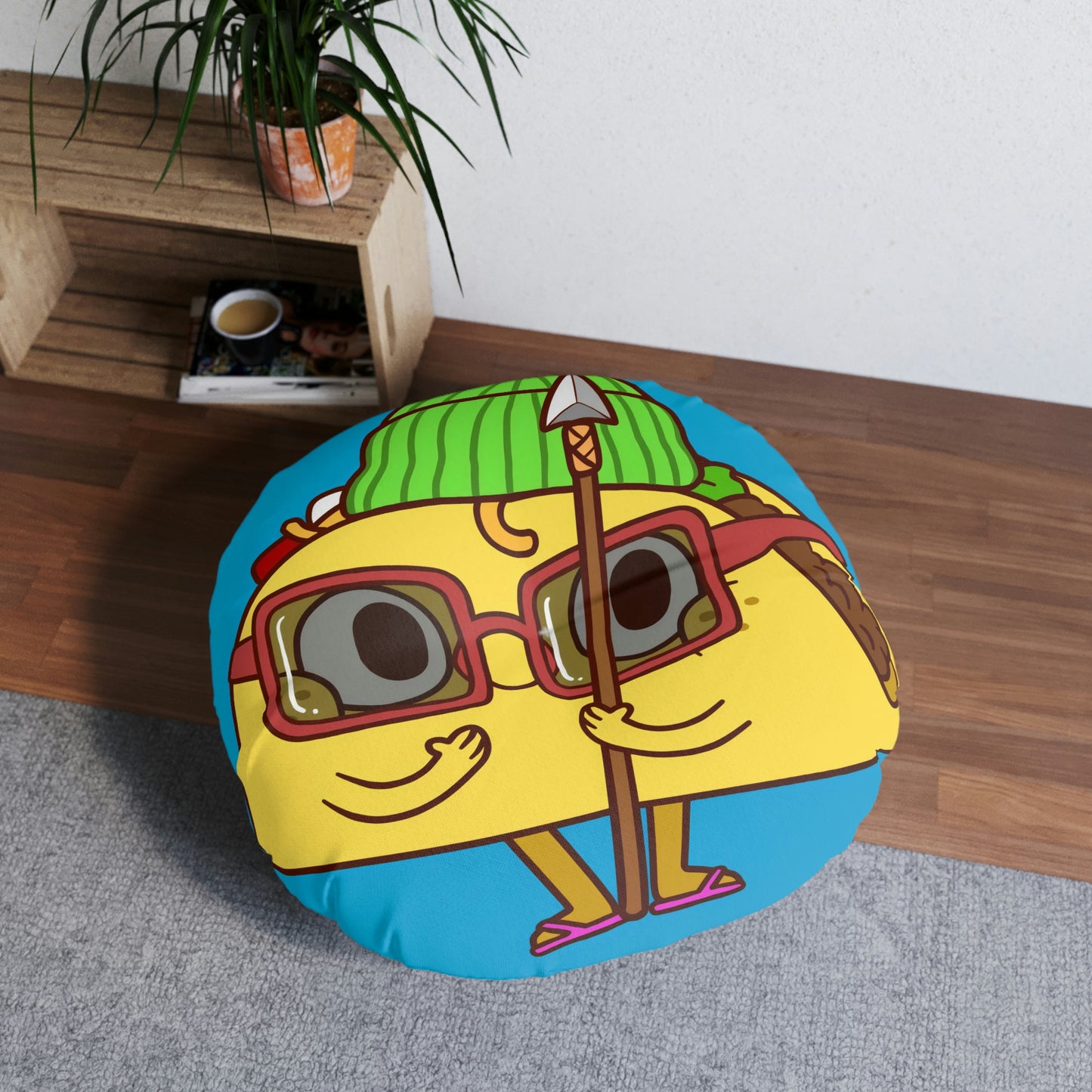 Almohada de suelo con mechones de taco tribal, redonda 