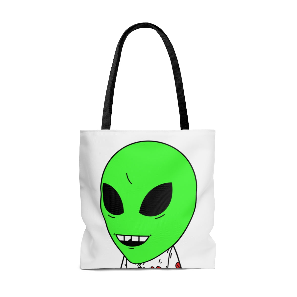 Visi Jersey Chipped Tooth Large Smile Face Green Alien Visitor AOP Tote Bag