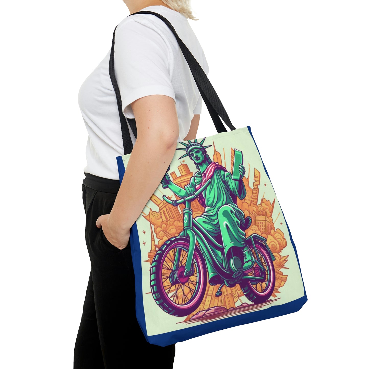 Statue of Liberty Cyclist Bike Rider American Graphic Tote Bag (AOP)