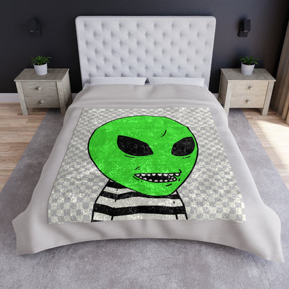 Green Alien Sharp Teeth Mouth Striped Black White Shirt Visitor Crushed Velvet Blanket