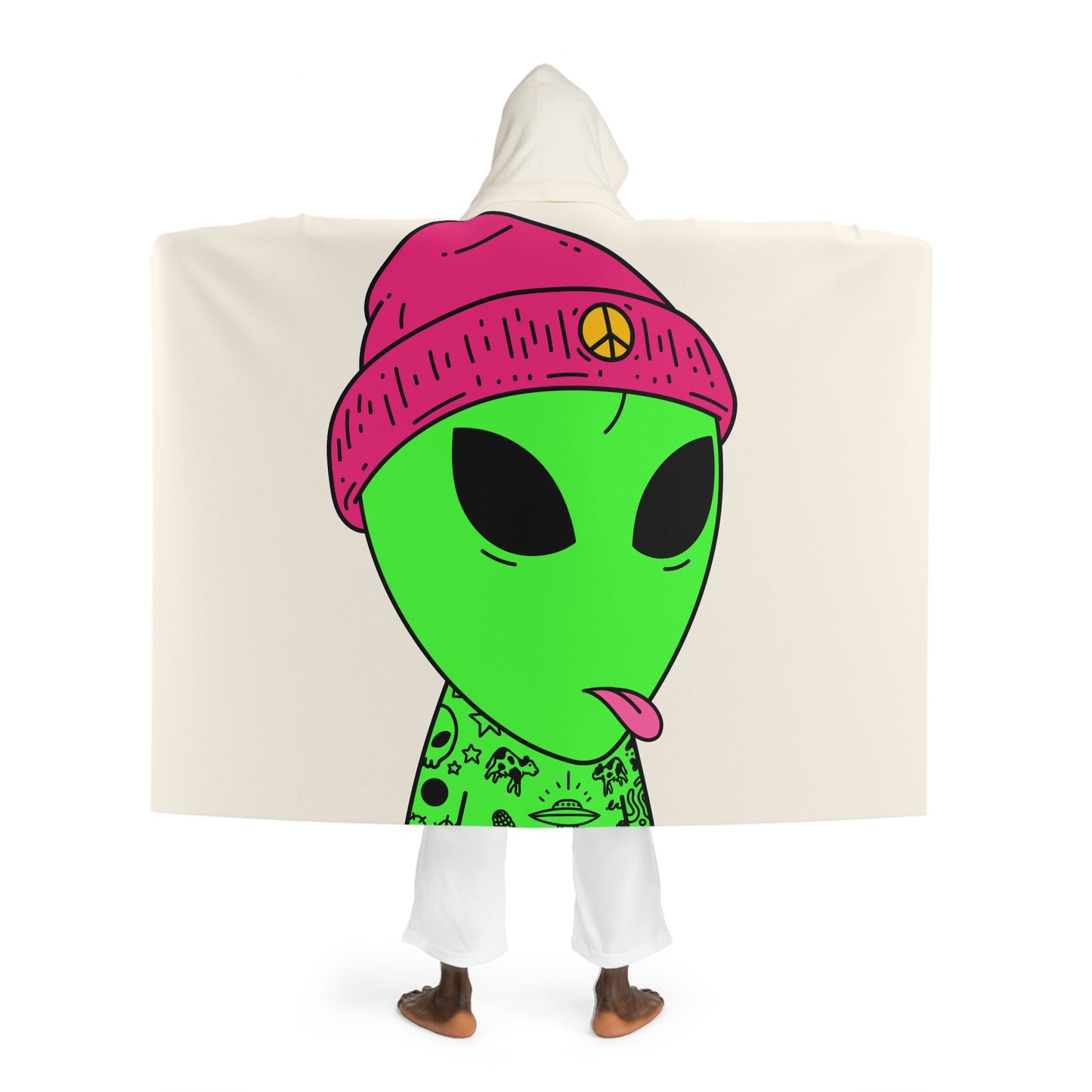Pink Tongue Peace Hat Alien Tattoos UFO Space Extraterrestrial Visitor Hooded Sherpa Fleece Blanket